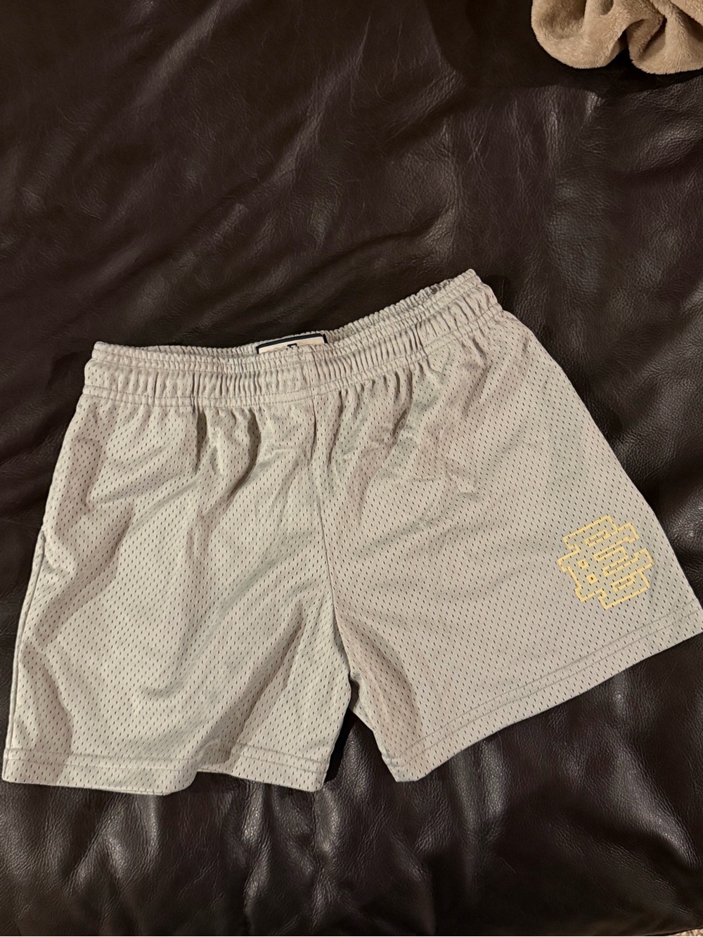 Eric Emanuel Light Gray Mesh Athletic Shorts with Yellow Logo